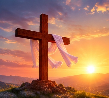 Wooden cross draped in white cloth at sunrise
