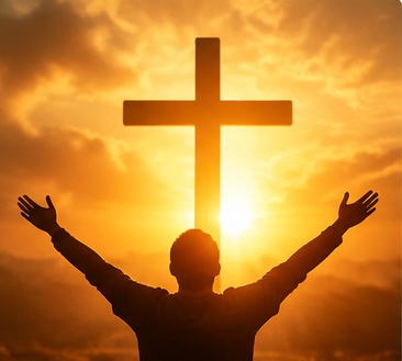 Worshipper with raised hands before the cross